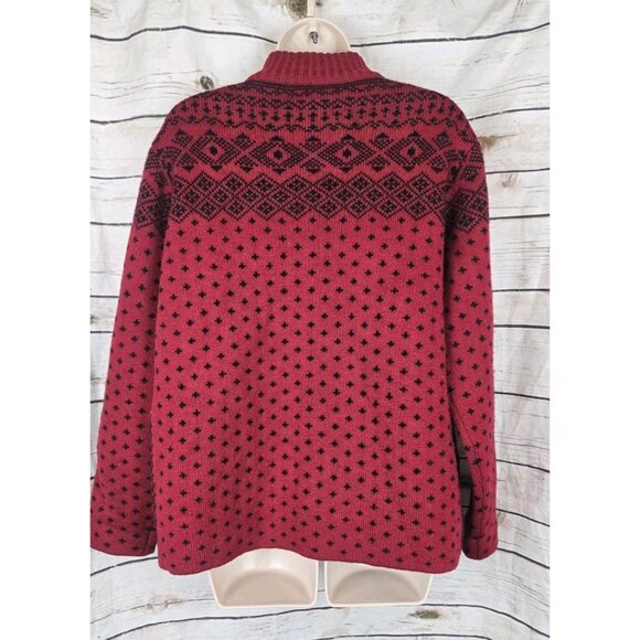 Lands End Red 100% Wool Sweater Cardigan L 14-16 Womens Fair Isle Full Zip - Picture 5 of 7